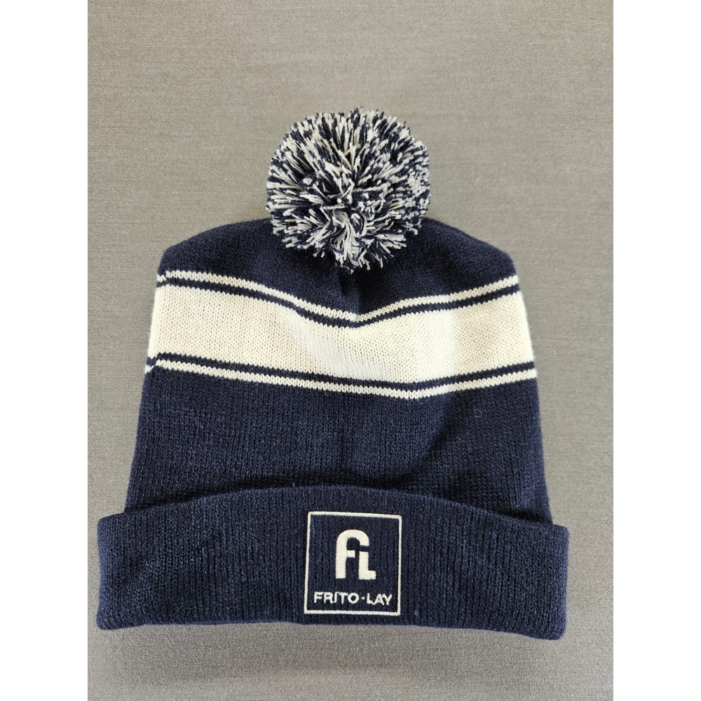 Frito-Lay Navy Blue White Striped Pom Pom Beanie Knit Hat Employee Promo Logo
